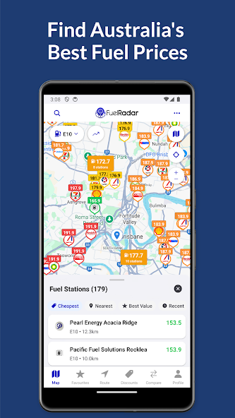 FuelRadar on a phone, the fuel price map a driver checks at the lights