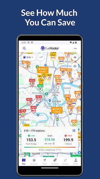 FuelRadar screen, the fuel price map seen from the driver's seat