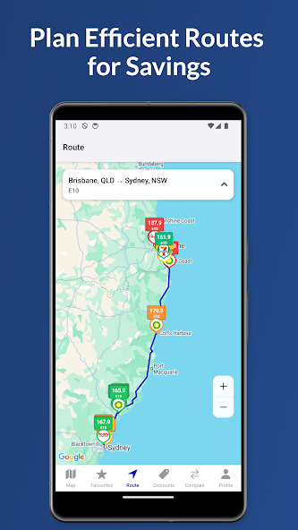 FuelRadar screen comparing nearby servos on the map